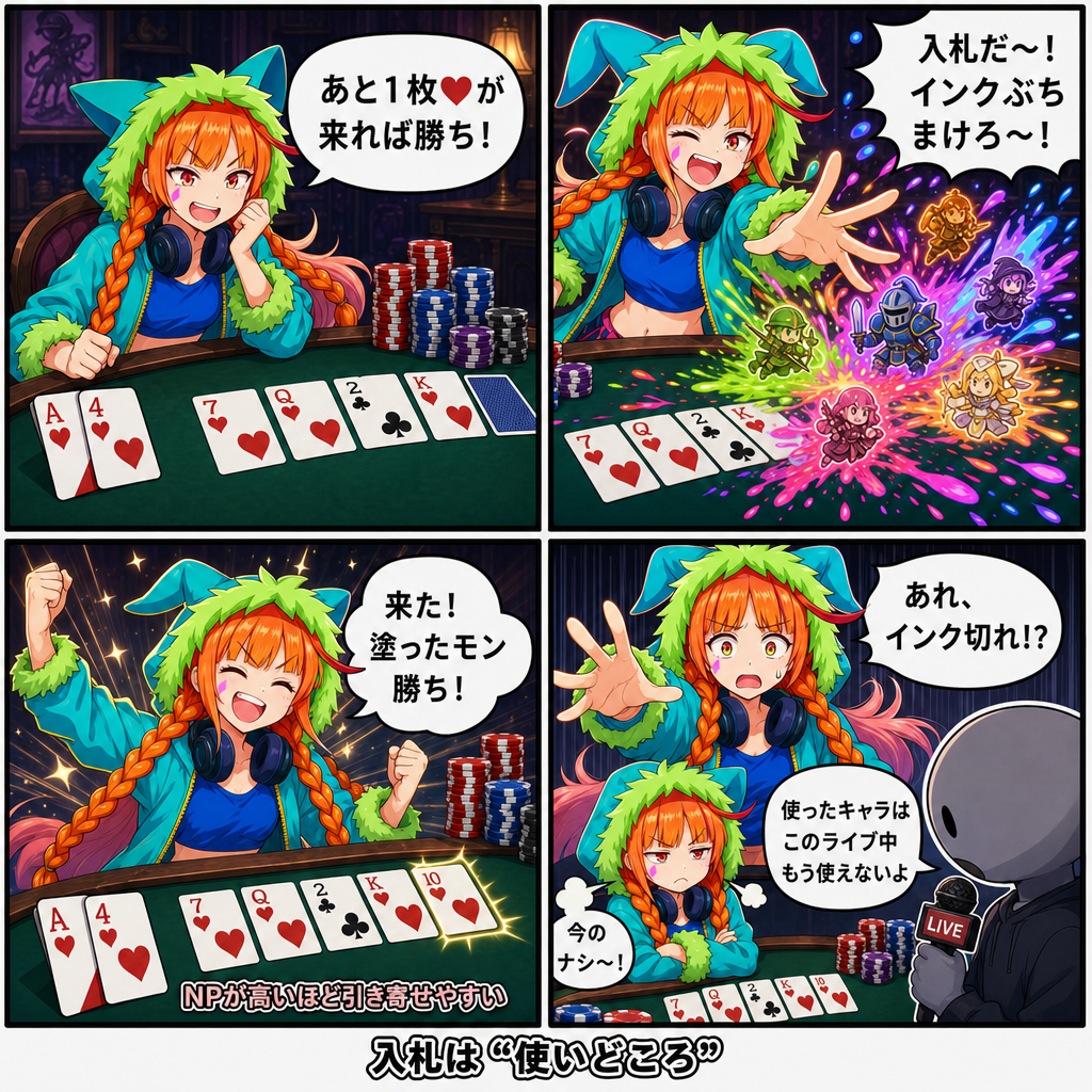 ロキで学ぶ入札マンガ：欲しいカードを引き寄せるが、使ったキャラはそのライブ中もう使えない