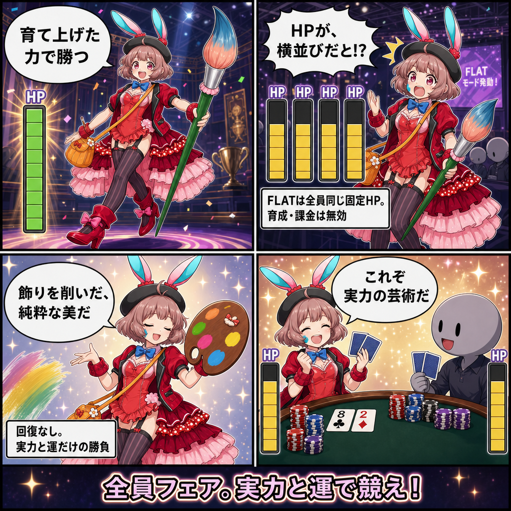 アトゥムで学ぶFLATモード：全員同じ固定HP、回復なし、育成・課金は無効で実力と運だけの勝負