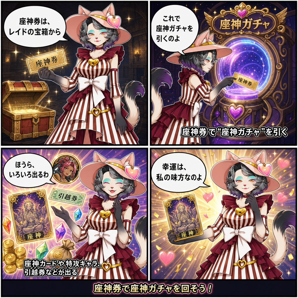 フォルトゥーナで学ぶ座神ガチャ：座神券はレイドの宝箱から手に入り、引くと座神カードや特攻キャラ、引越券などが出る