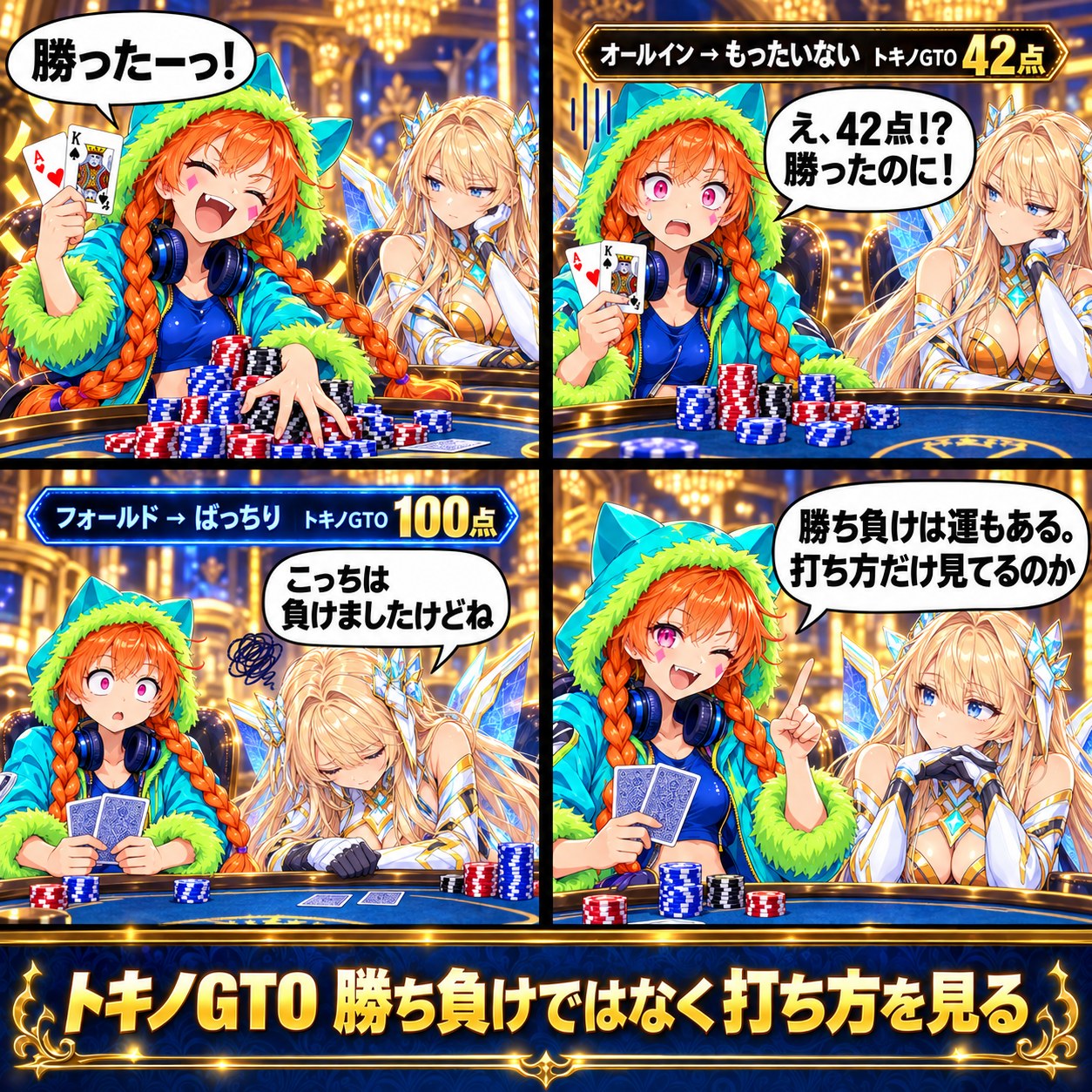 ４コマ漫画：ロキがオールインで勝って大喜び→「もったいない　トキノGTO 42点」→となりのエレクトラは降りて負けたのに「ばっちり　トキノGTO 100点」→勝ち負けは運もある、打ち方だけ見てるのか