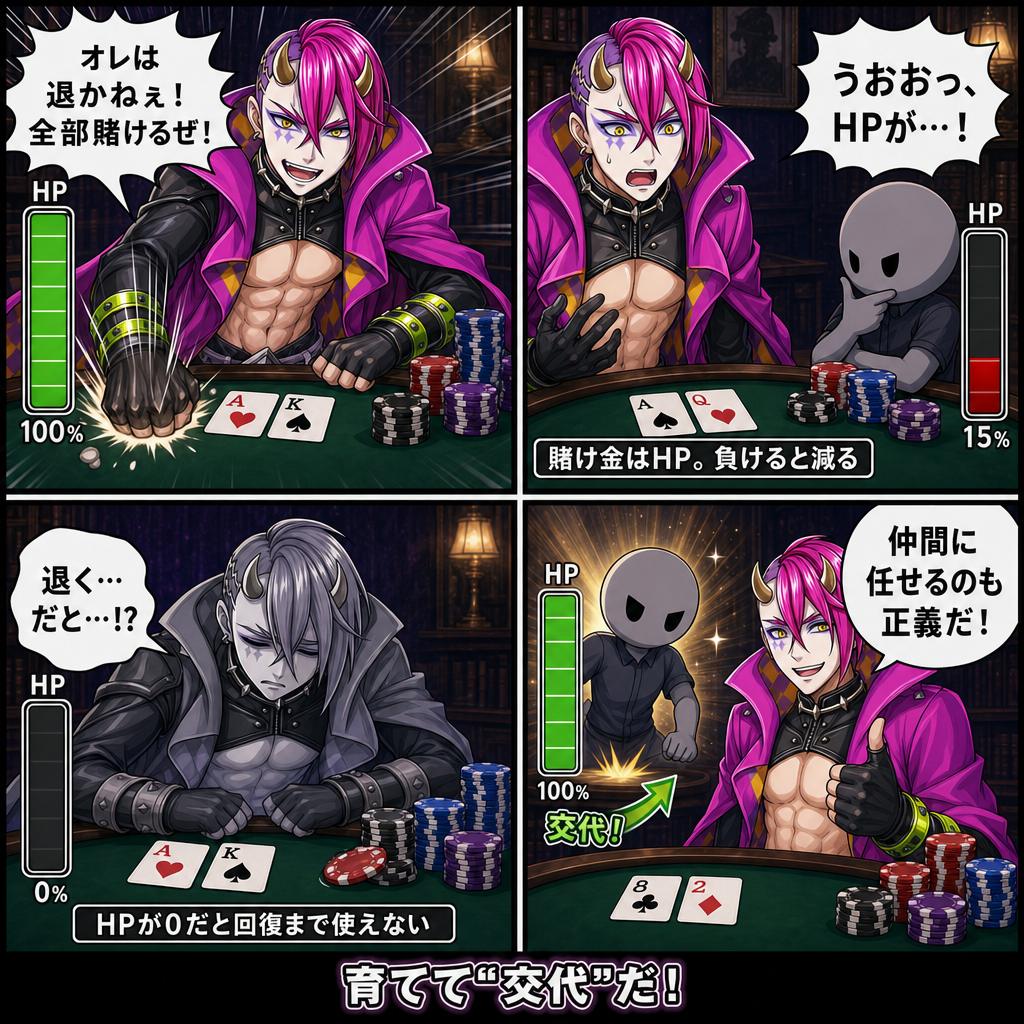 カイムで学ぶHPマンガ：賭け金はHP。0になると回復まで使えないので、仲間を育てて交代する