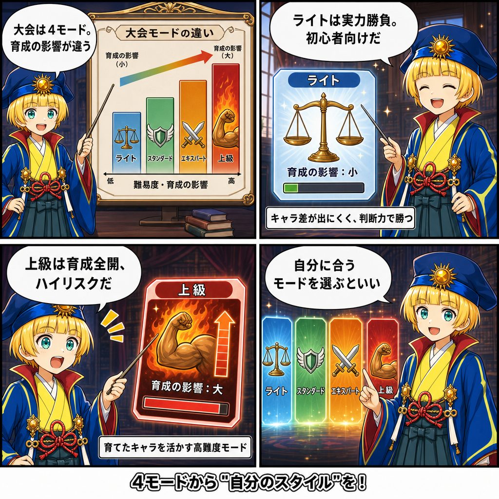 アポロンで学ぶ大会モード：育成HPの影響度で4モードがあり、実力勝負のライトから育成全開の上級まで、自分のスタイルで選ぶ