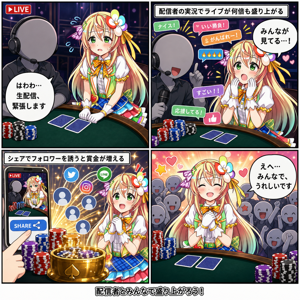 ヴィーナスで学ぶ配信ライブ：配信者の実況で盛り上がり、シェアでフォロワーを誘うと賞金が増えてみんなが得をする