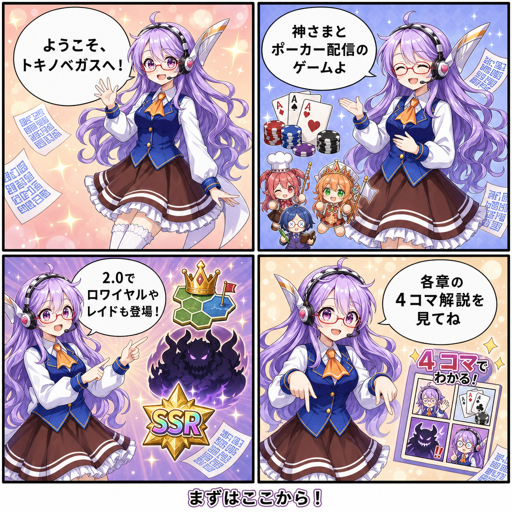 案内役トキノのウェルカム：神さまとポーカー配信のゲーム、2.0でロワイヤルやレイドも登場、各章の４コマ解説を見てね